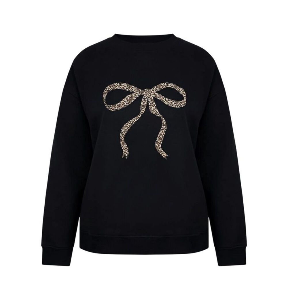 Miso Womens/Ladies Bow Crew Neck Long-Sleeved Sweatshirt / Black/Leopard